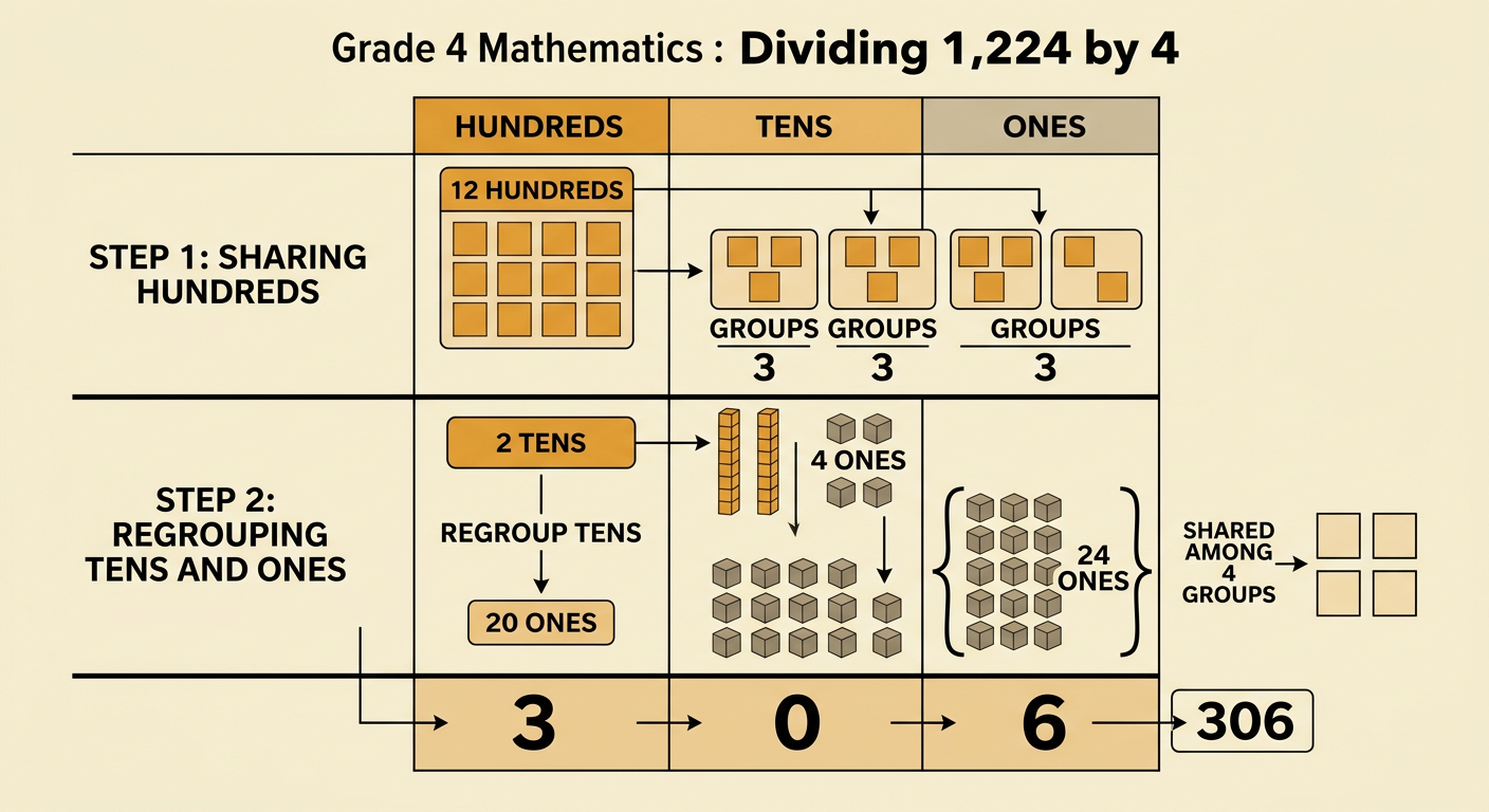 A place-value chart shows 1,224 regrouped and the quotient 306 written in matching columns.