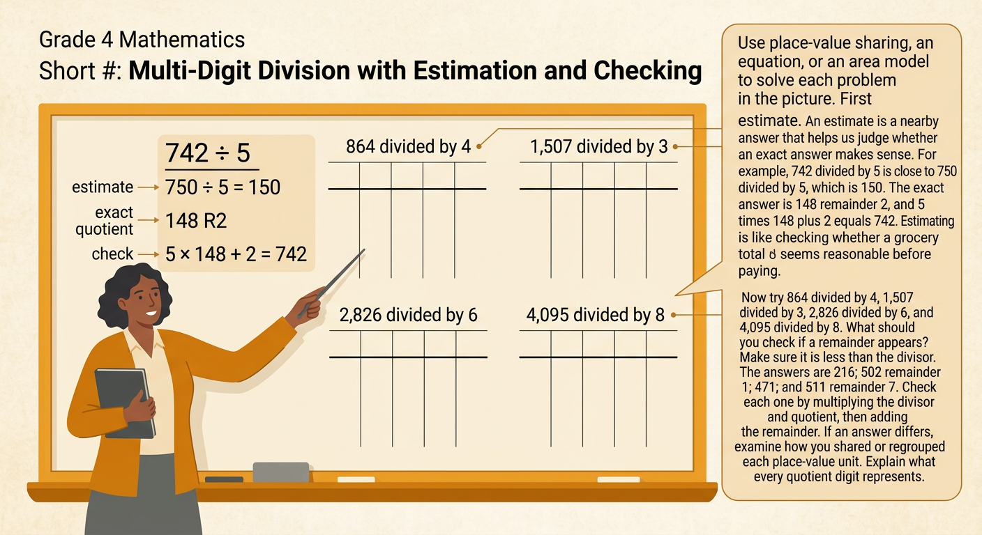 A practice board shows four division problems beside place-value sketches and spaces for estimates and checks.