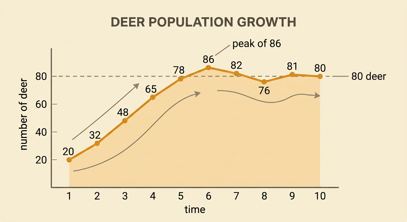 A line graph shows ten yearly deer counts rising to 86 and then fluctuating around 80 deer.