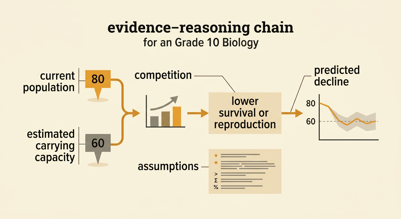 An evidence diagram connects a current population of 80 and an estimated carrying capacity of 60 to increased competition and a predicted decline.