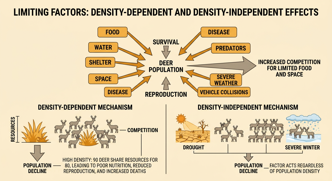 A cause-and-effect diagram shows limited food and rising competition leading to poor nutrition and population decline, with drought as another possible cause.