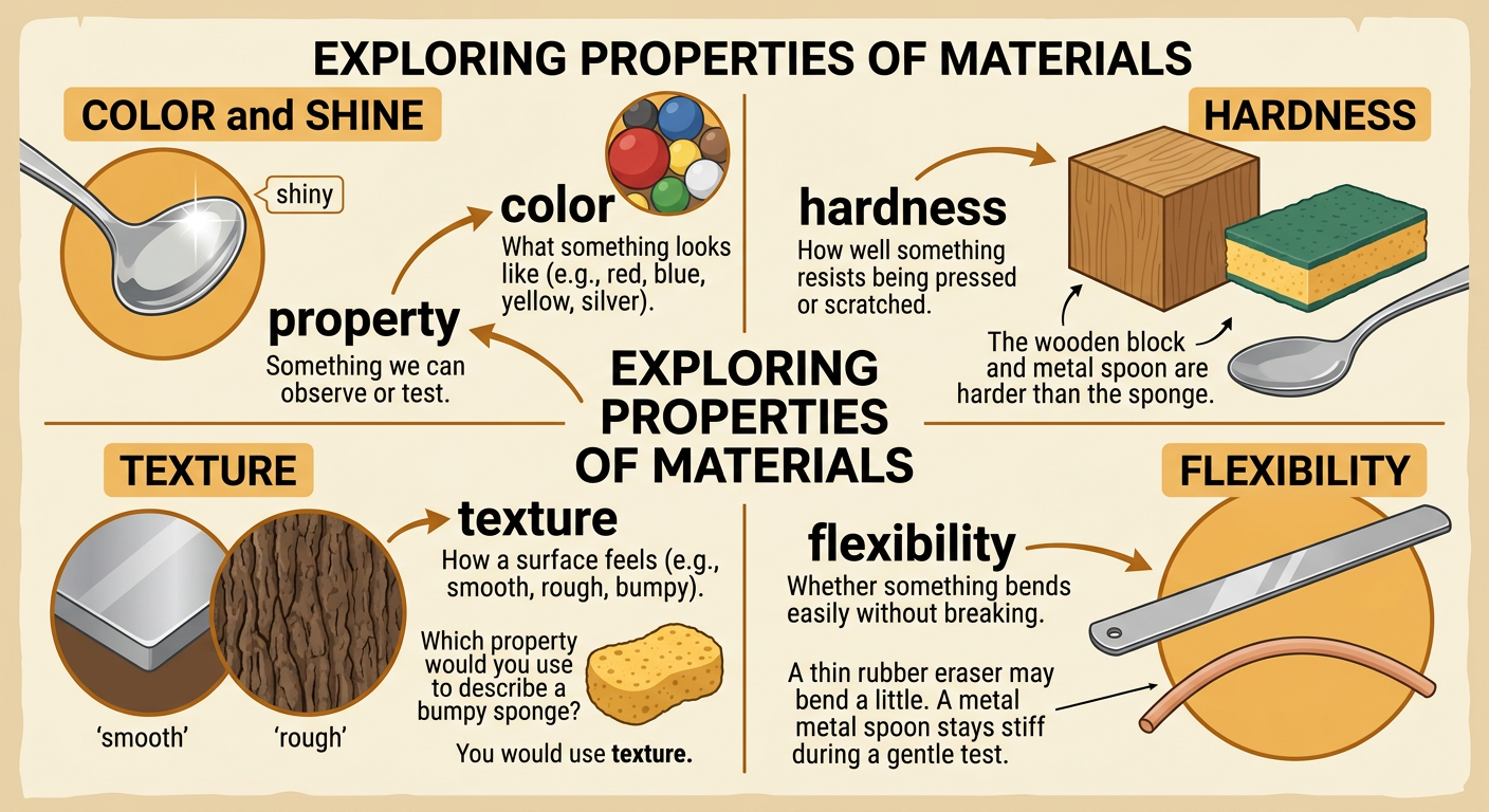 A property chart compares a silver spoon, wooden block, rubber eraser, and sponge by color, texture, hardness, and flexibility.