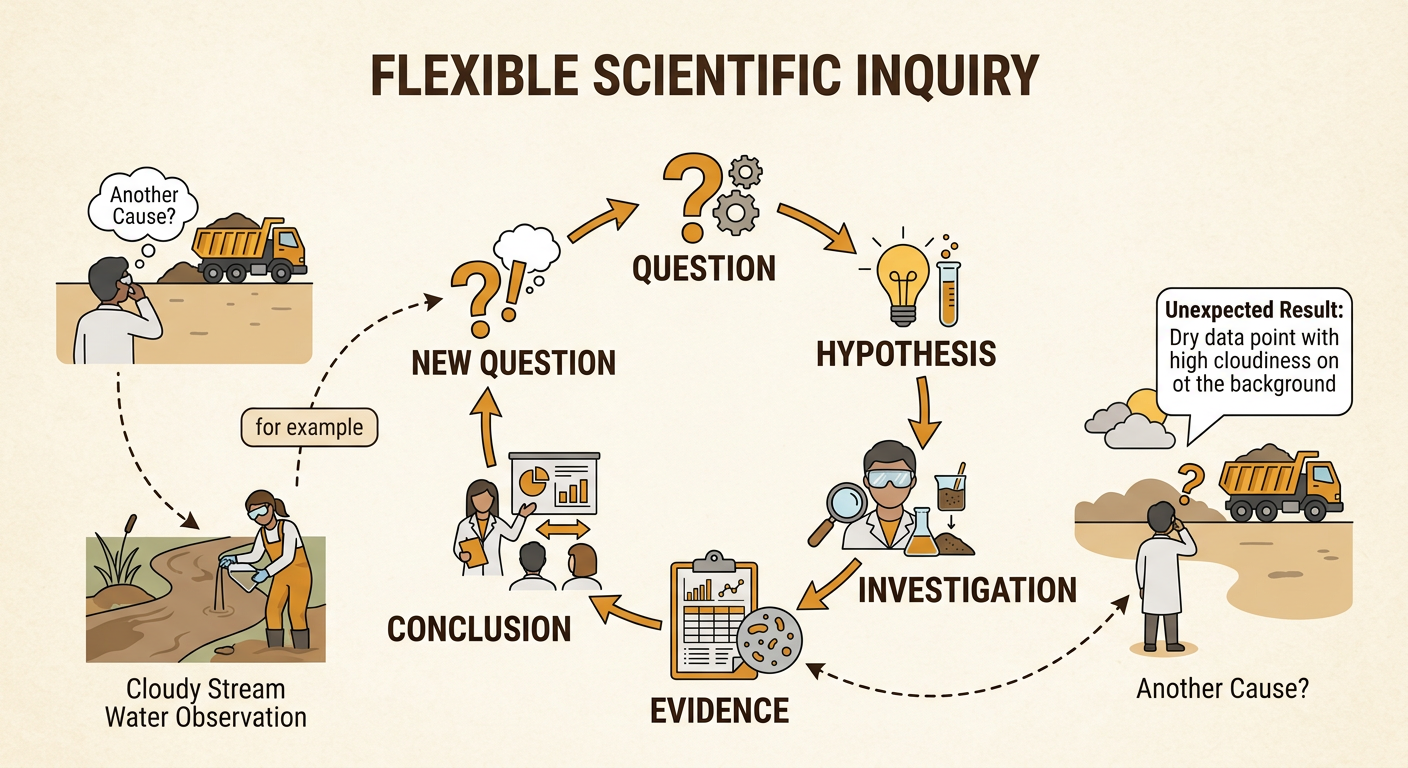 A circular inquiry diagram surrounds a cloudy stream, with arrows looping forward and backward through six labeled stages.