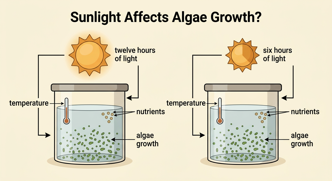 Identical pond-water containers receive either twelve or six hours of light while temperature and nutrients stay equal and algae growth is measured.