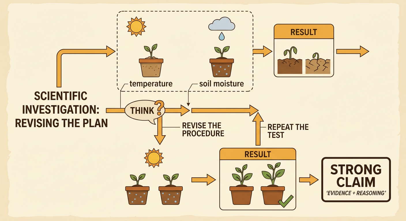 Two seed trays at different temperatures also have unequal soil moisture, revealing a problem that must be corrected before repeating the test.