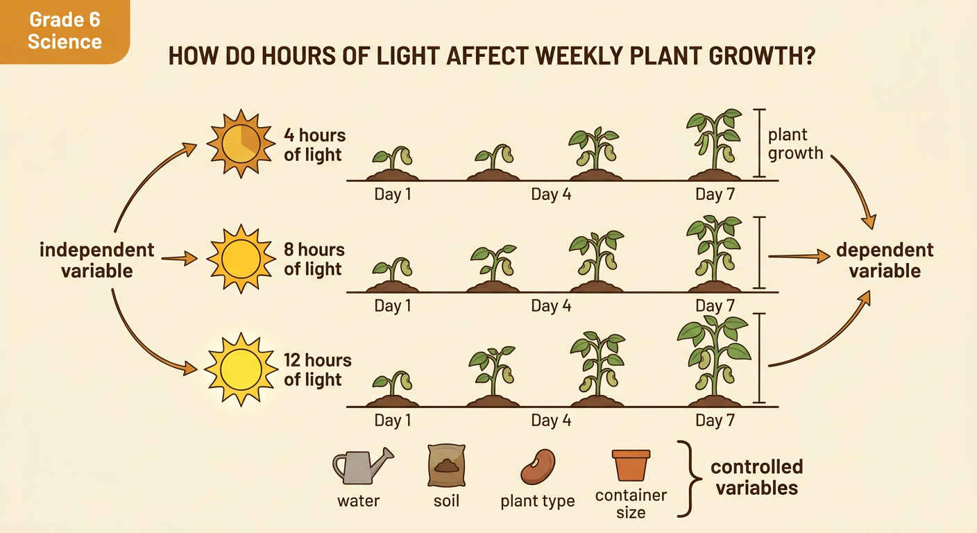 Similar bean plants receive different hours of light while their water, soil, plant type, and containers remain the same.