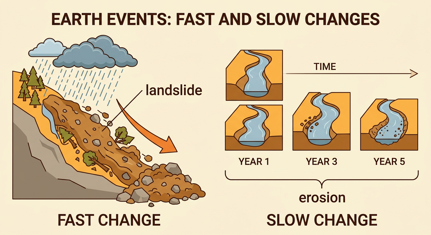 A split scene compares a sudden hillside landslide with a stream slowly wearing away its bank.