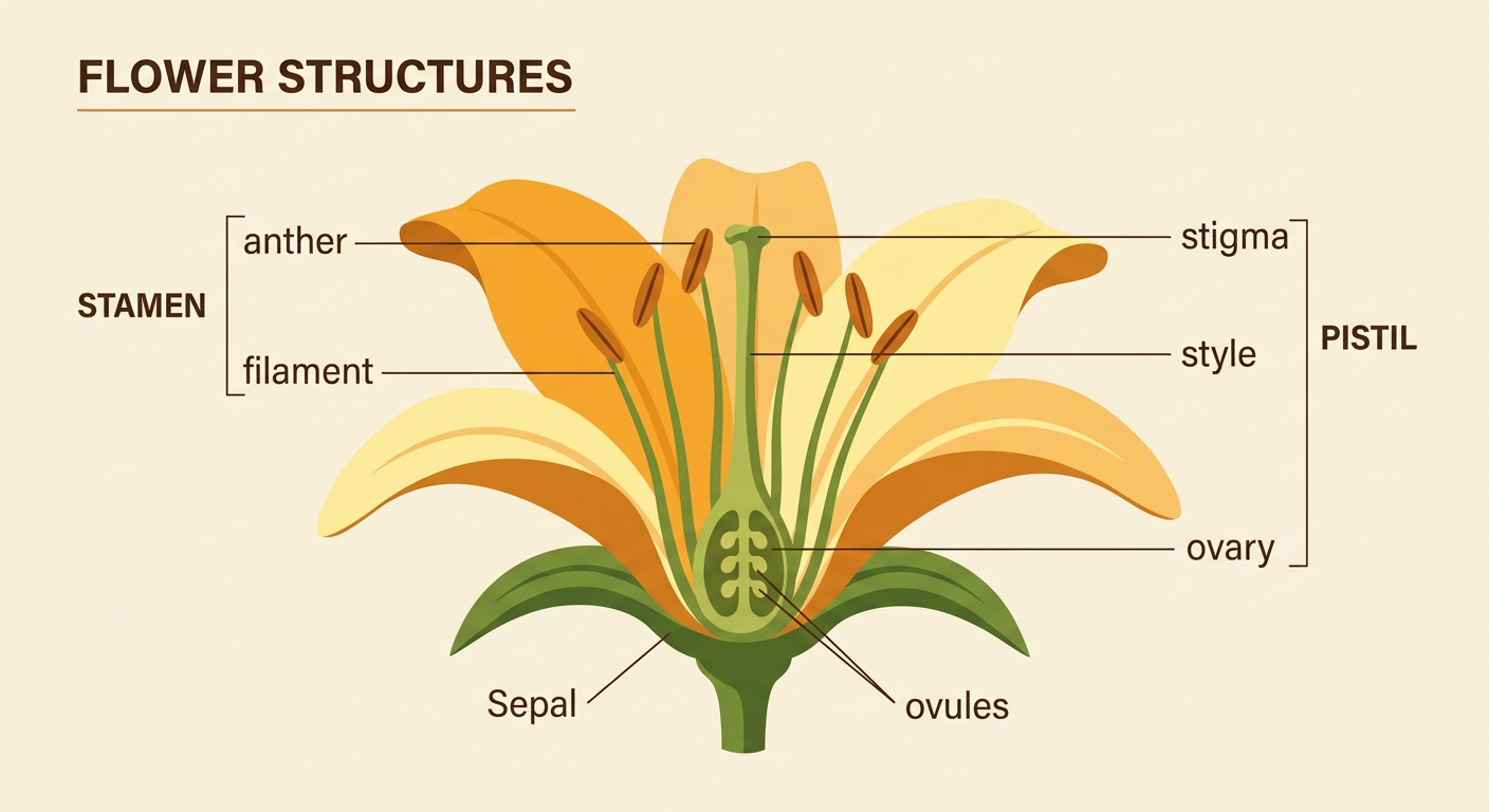 A labeled lily shows its reproductive and attraction structures arranged to contact a visiting insect.
