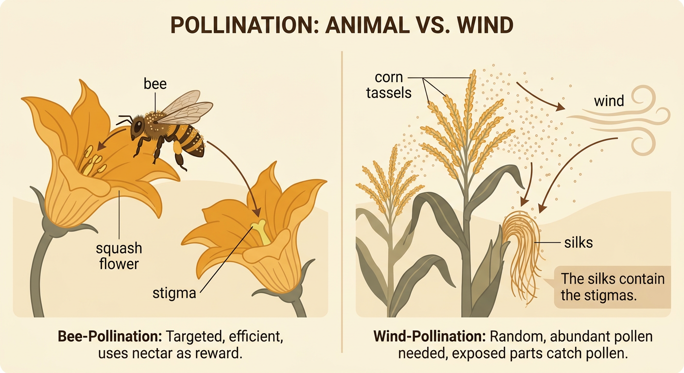 A split scene compares a bee moving pollen between squash flowers with wind carrying pollen from corn tassels to corn silks.