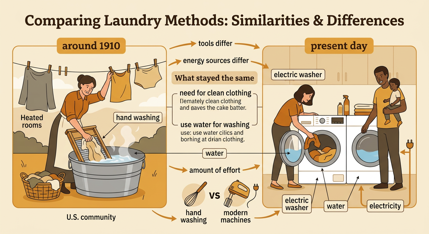 Two laundry scenes compare hand washing around 1910 with electric machines in the present day.
