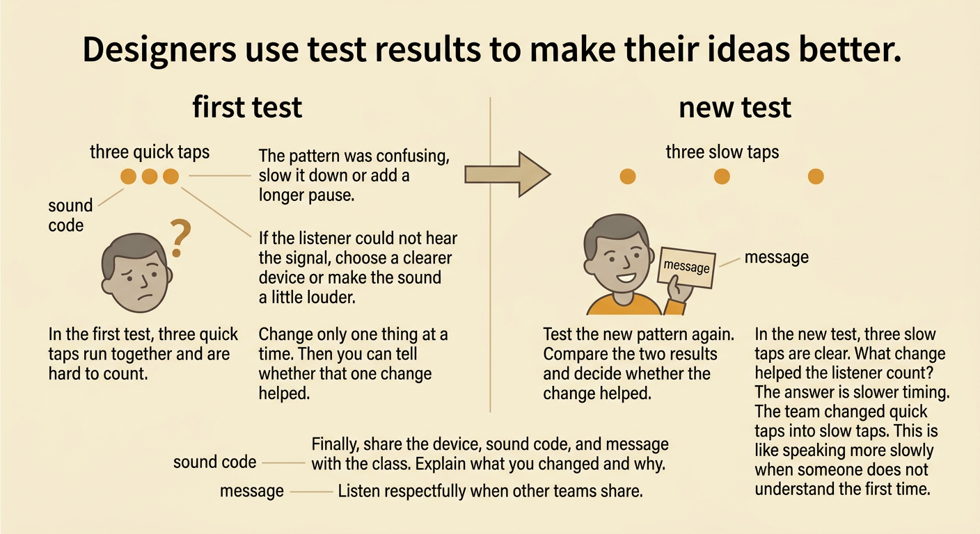 A team compares a first test of three quick taps with a new test of three slow taps and shares the improved sound code.
