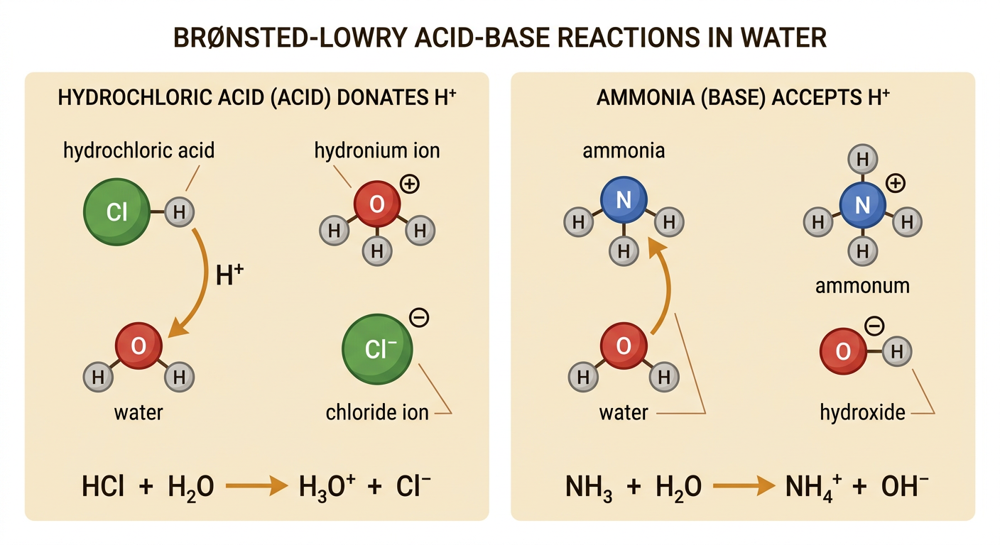 A particle diagram shows hydrochloric acid donating H+ to water and ammonia accepting H+ from water.
