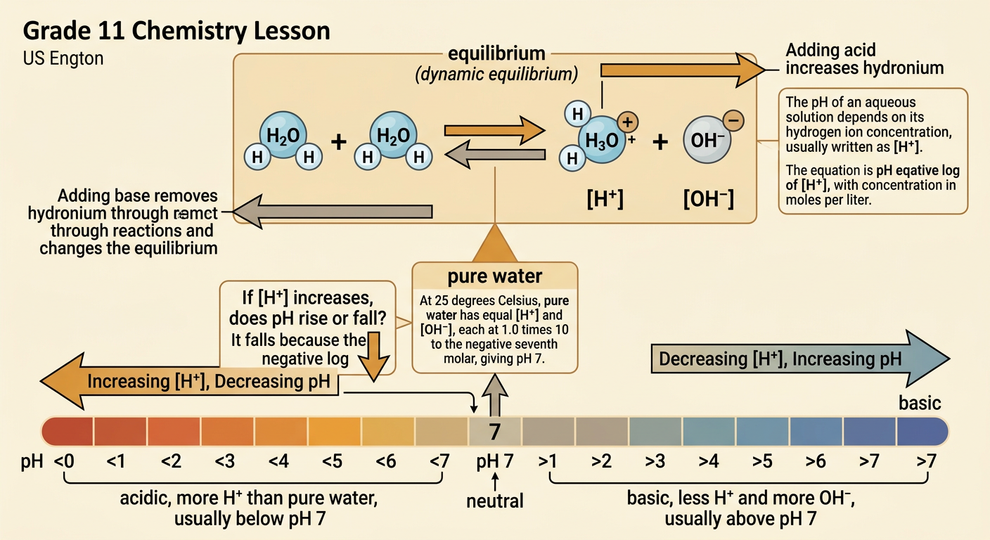 A balanced particle diagram of pure water shows equal hydrogen and hydroxide concentrations, with acidic and basic shifts on opposite sides.