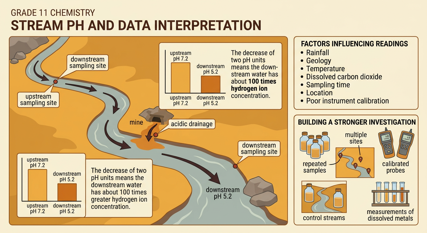 A stream map compares upstream and downstream pH near a mine and shows features of a stronger investigation.