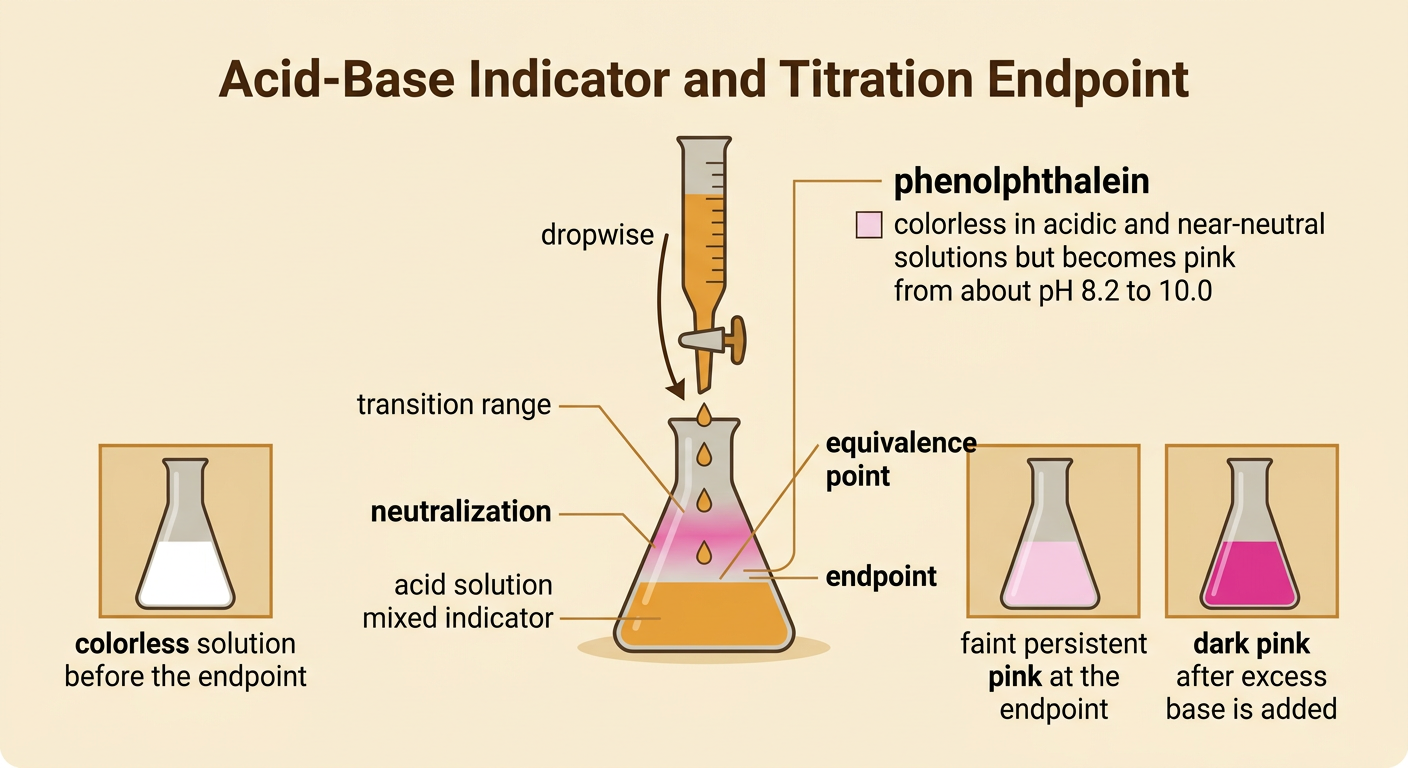 A titration flask changes from colorless to faint pink as base is added dropwise near equivalence.