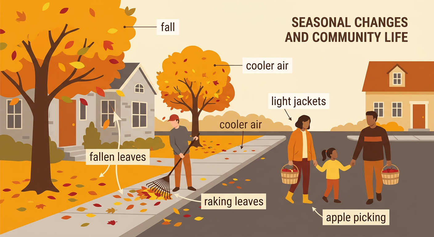 A fall neighborhood shows cool weather, fallen leaves, people in jackets, leaf raking, and a family picking apples.