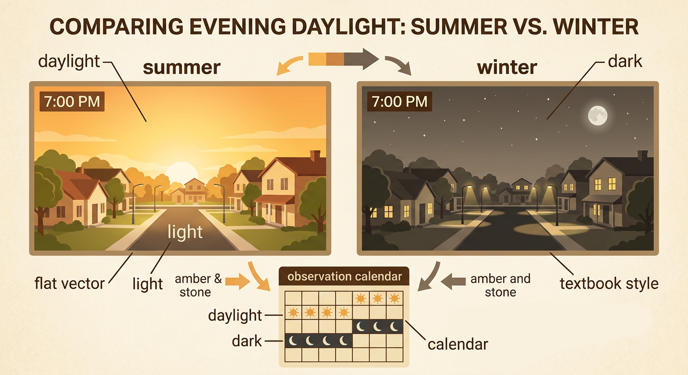 Children compare the same town clock in summer daylight and winter darkness while recording observations on a calendar.