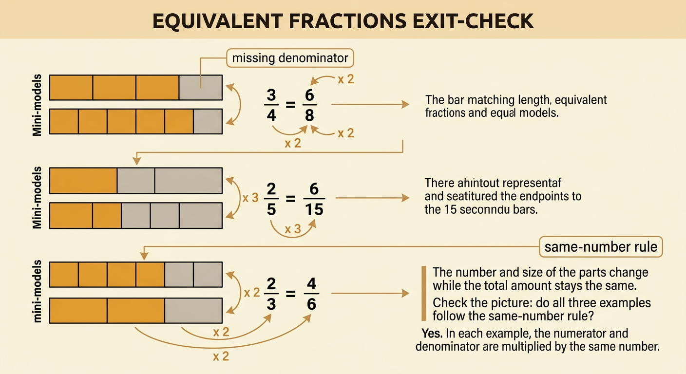 A three-row exit check shows the completed equivalent-fraction equations and matching multiplication arrows.