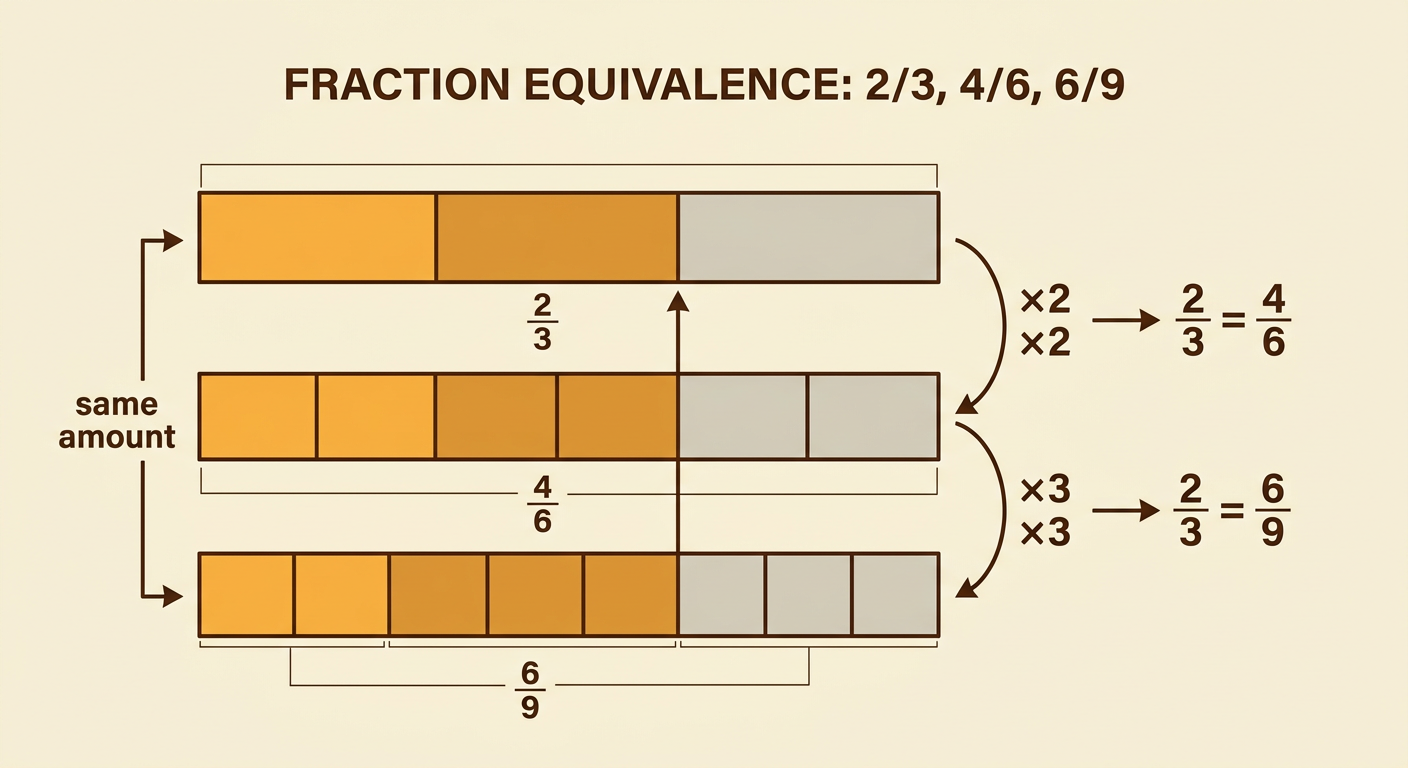 Three equal-sized bars show the same shaded length divided into thirds, sixths, and ninths.