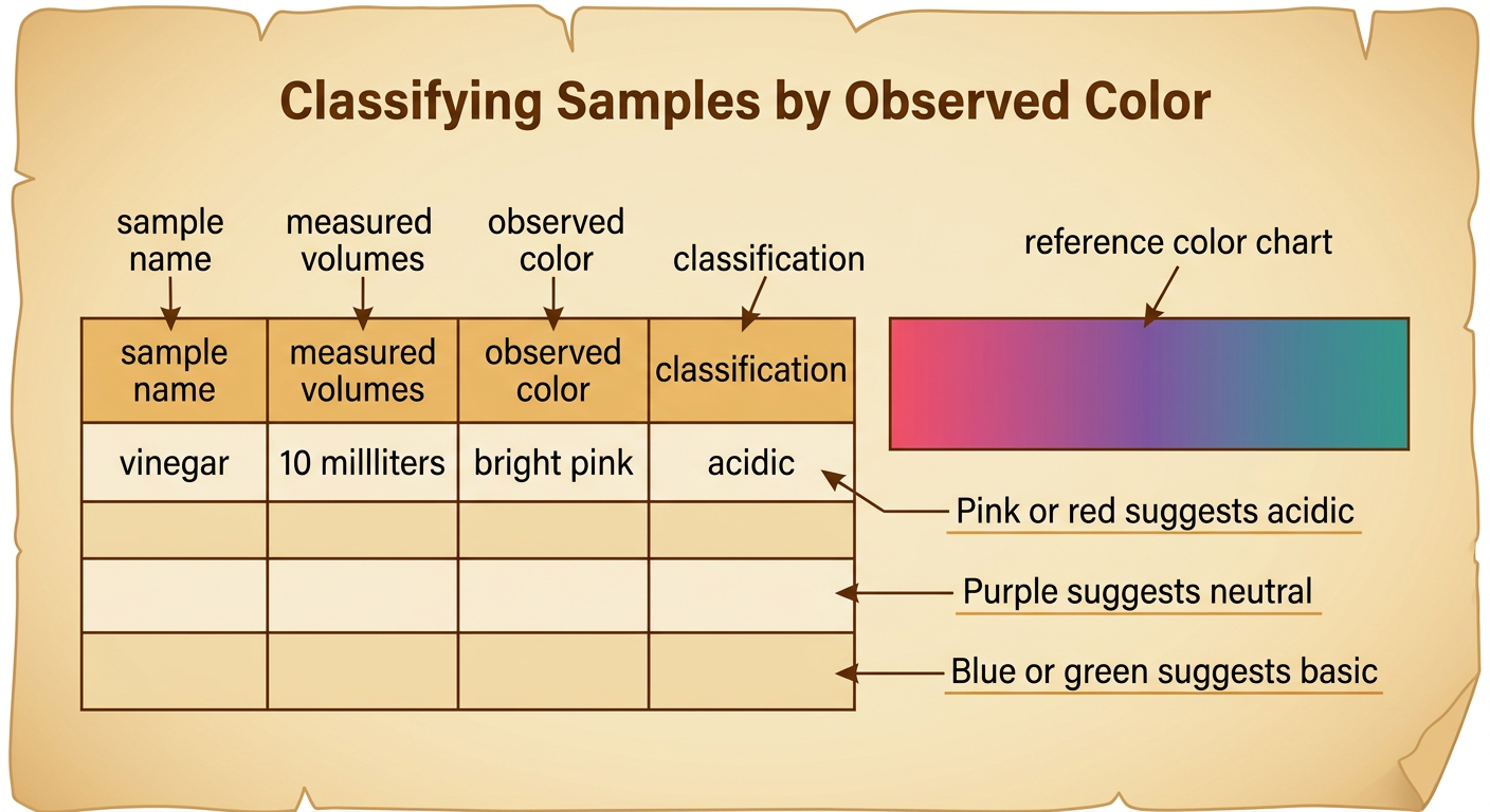 A data table records vinegar as bright pink and acidic beside a cabbage indicator reference chart.
