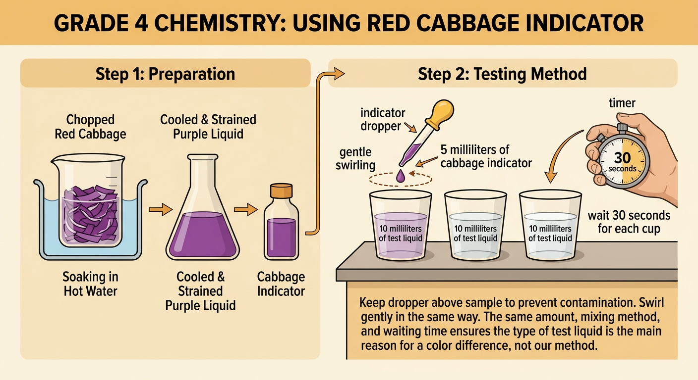 Matching cups receive equal cabbage indicator from a clean dropper before gentle swirling and a 30-second wait.