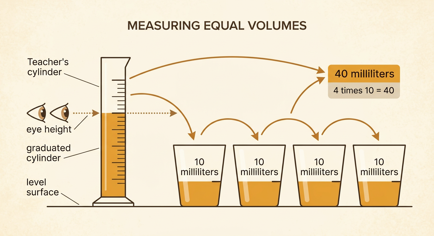 Four matching clear cups each receive 10 milliliters measured at eye height in a graduated cylinder on a level surface.