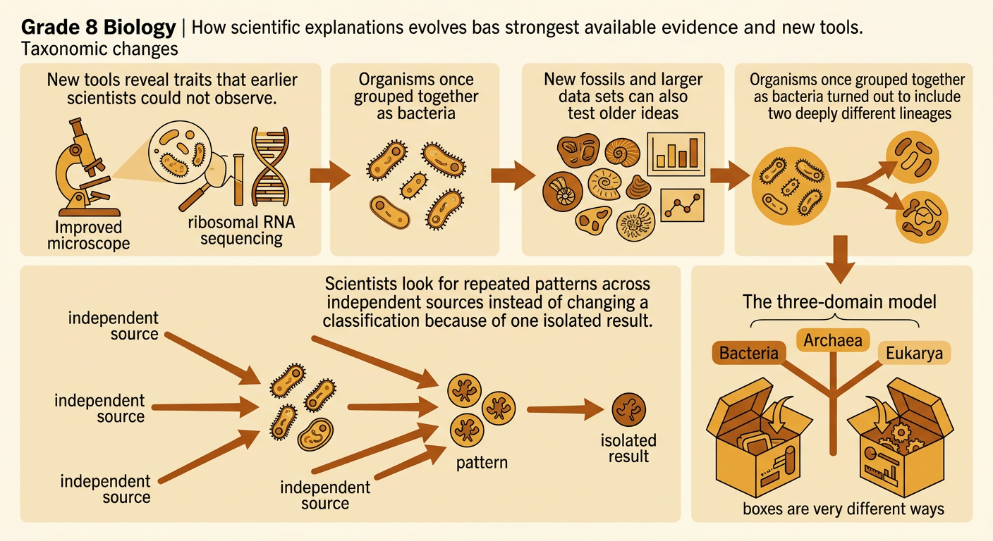 A branching three-domain diagram separates Bacteria, Archaea, and Eukarya using new evidence.