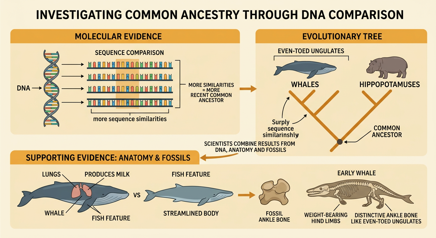An evolutionary tree connects a whale and hippopotamus to a recent common ancestor beside DNA comparisons and an early whale fossil.