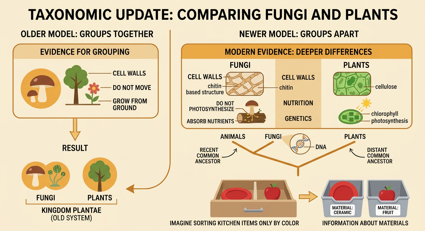 A side-by-side comparison shows why historical systems grouped fungi with plants and why modern evidence separates them.