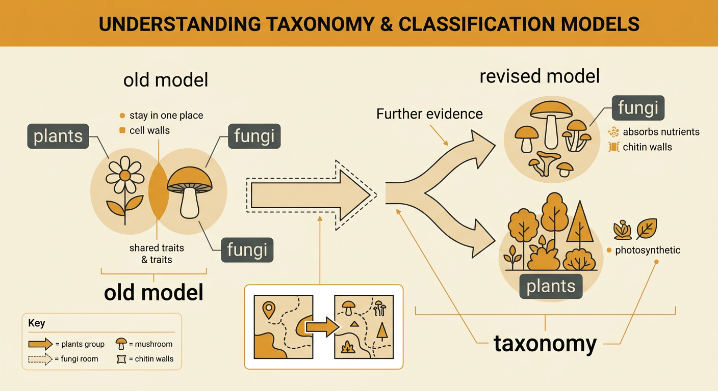 A diagram compares an old model grouping fungi with plants to a revised model placing fungi in their own kingdom.