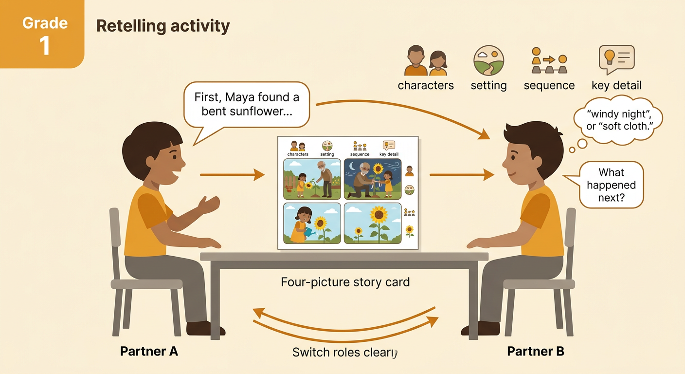 Two children face each other as Partner A retells the sunflower story and Partner B listens beside four event pictures.
