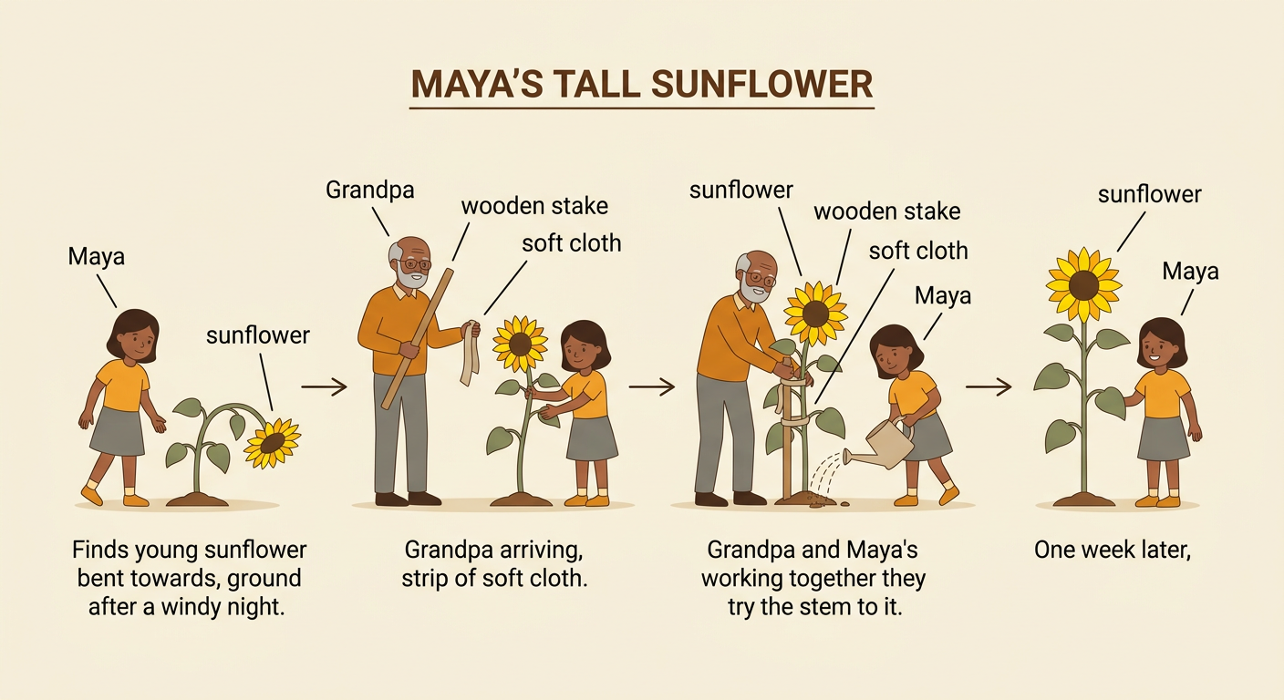 Maya and Grandpa support a bent sunflower with a wooden stake and soft cloth as Maya waters the soil.