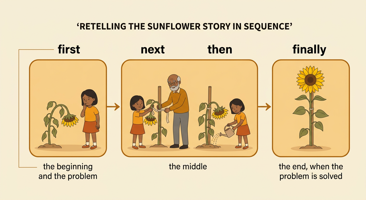One illustrated story path shows the bent sunflower, the supported stem, daily watering, and the final yellow bloom in order.