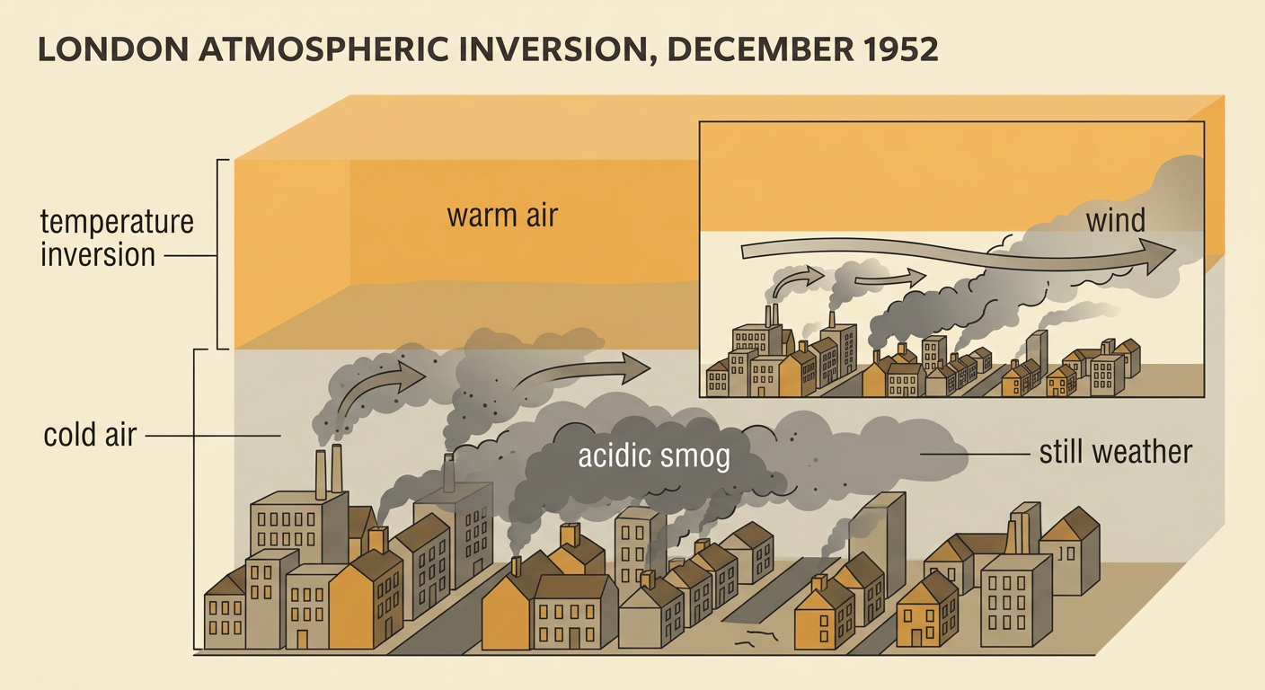 A cross-section of London shows cold polluted air trapped beneath a warm layer during a temperature inversion.