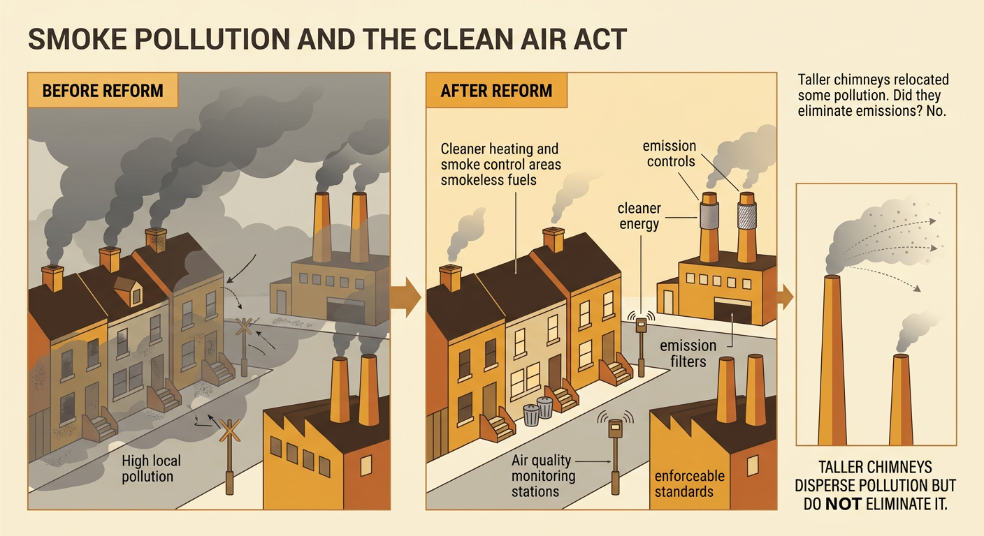 A before-and-after London comparison shows heavy soot before reform and cleaner air after reform, alongside modern pollution controls.