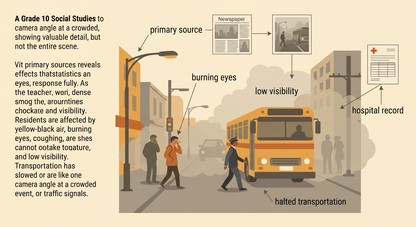 A smog-darkened London street shows pedestrians in distress and a conductor guiding a stopped bus through extremely low visibility.