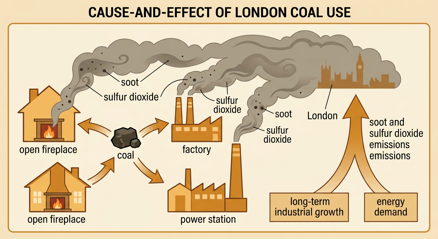 An industrial London neighborhood burns coal in home fireplaces, factories, and a power station as pollution gathers above the streets.