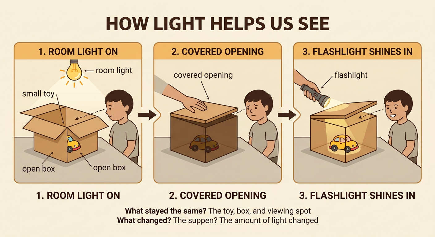 A three-step view shows a small toy in an open box under room light, with the opening covered, and lit safely by a flashlight.