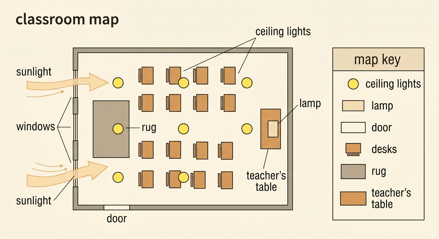 A top-down classroom map marks windows, desks, ceiling lights, a lamp, and a map key for the light symbols.