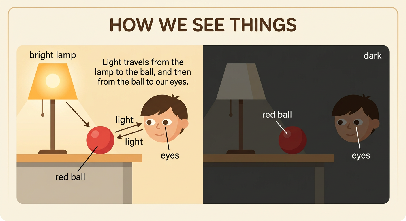 A bright lamp shines on a red ball and sends light toward a pair of eyes, while a dark side shows the same ball hidden from view.