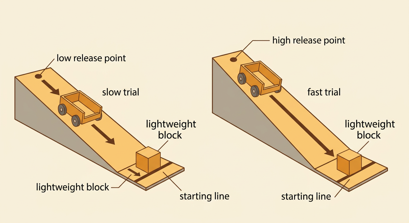 A cart is released from low and high points on the same ramp to hit a lightweight block at one starting line.