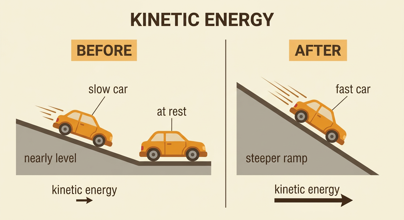 The same toy car is shown at rest, rolling slowly on a floor, and moving quickly down a steep ramp.