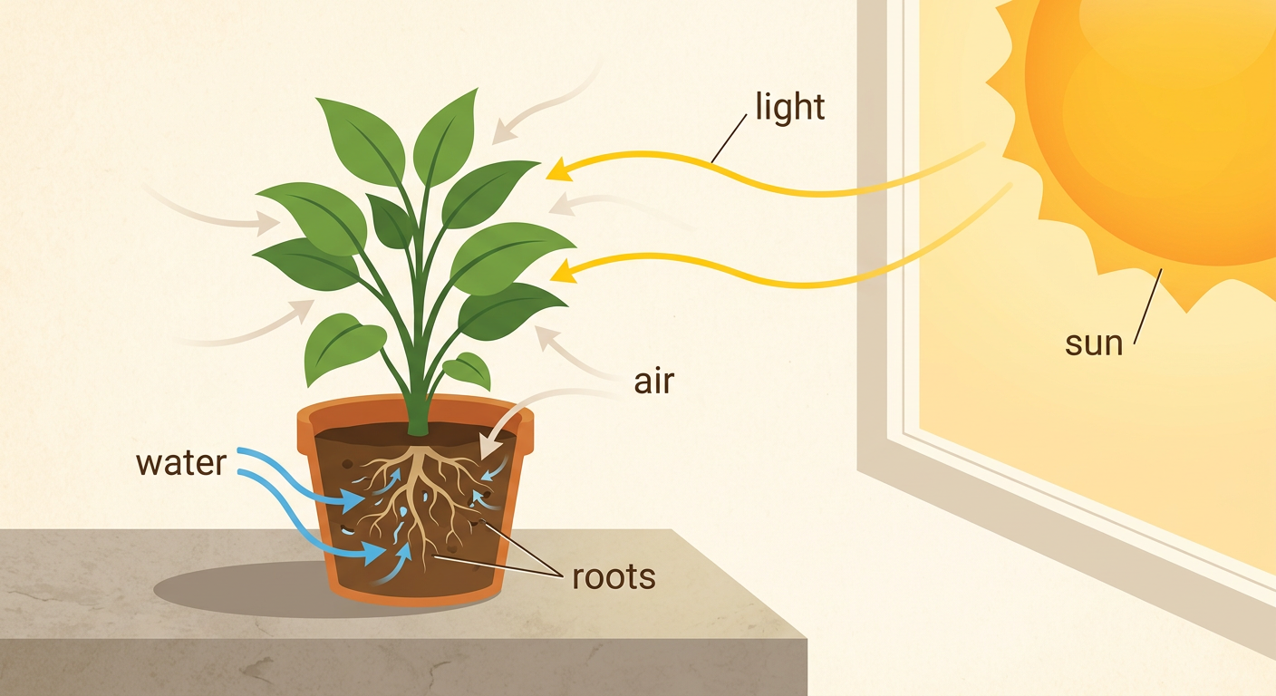 A classroom plant near a sunny window receives light, water in its soil, and air around its leaves.