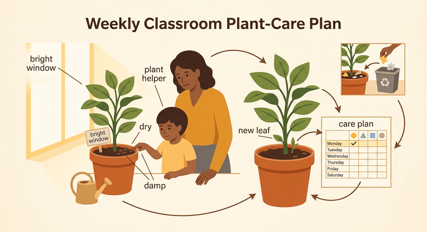 A plant helper checks the soil of a classroom plant beside a bright window and records a new leaf on a care chart.
