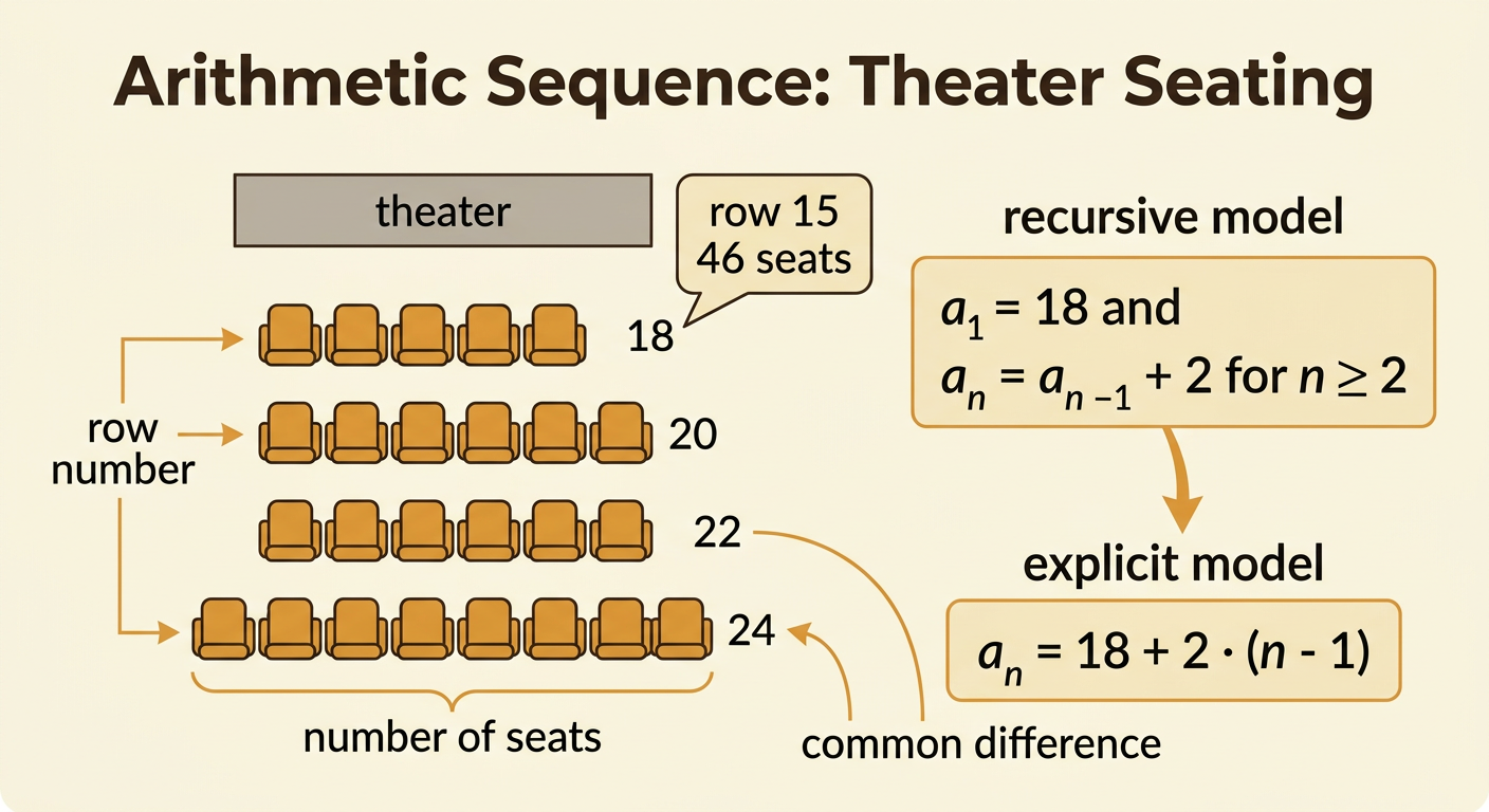 A theater diagram shows rows increasing from 18 seats to 46 seats by adding two seats per row.