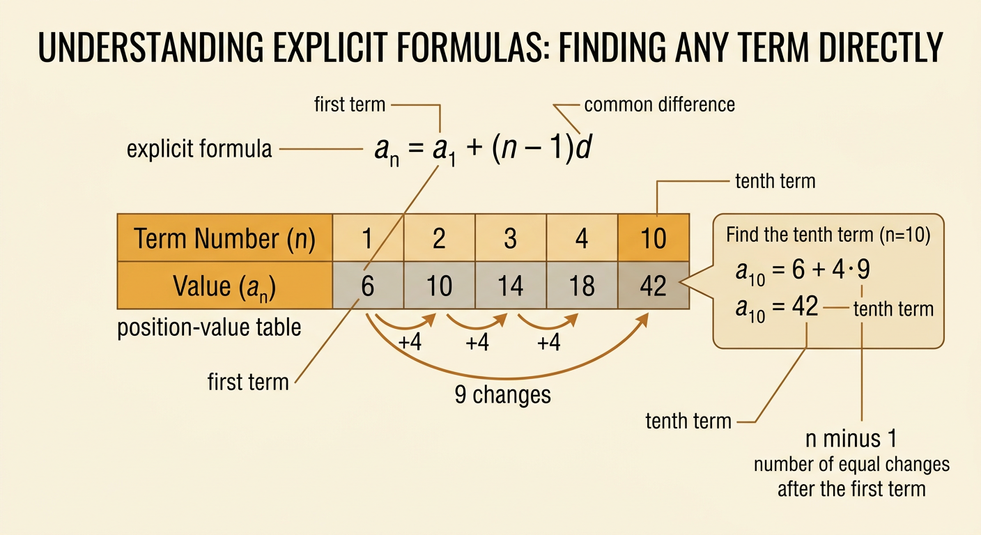 A position-to-value diagram uses an explicit formula to jump from the first term to the tenth term.