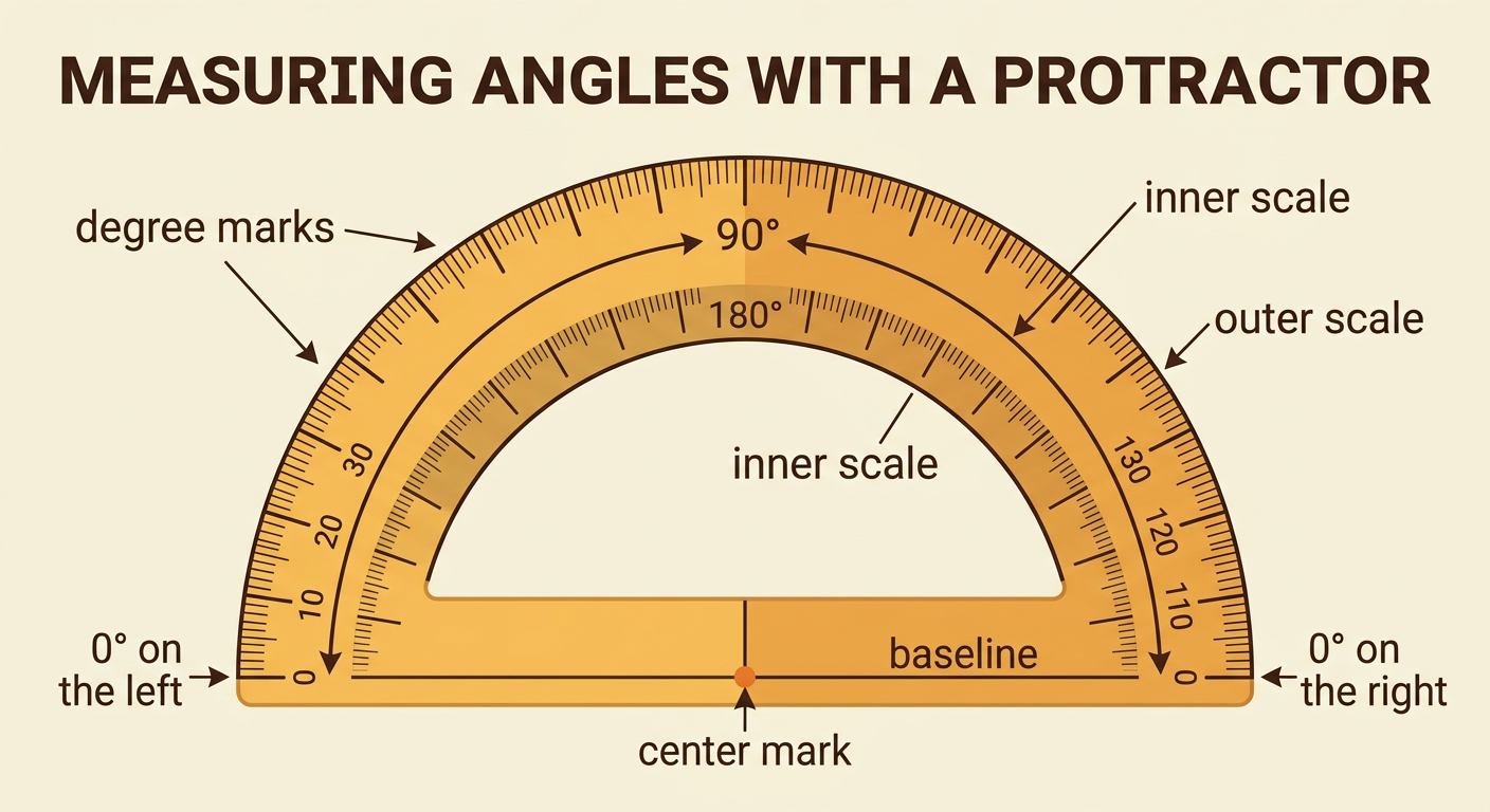 A semicircle protractor shows its center mark, baseline, two 0° marks, and curved degree scale.