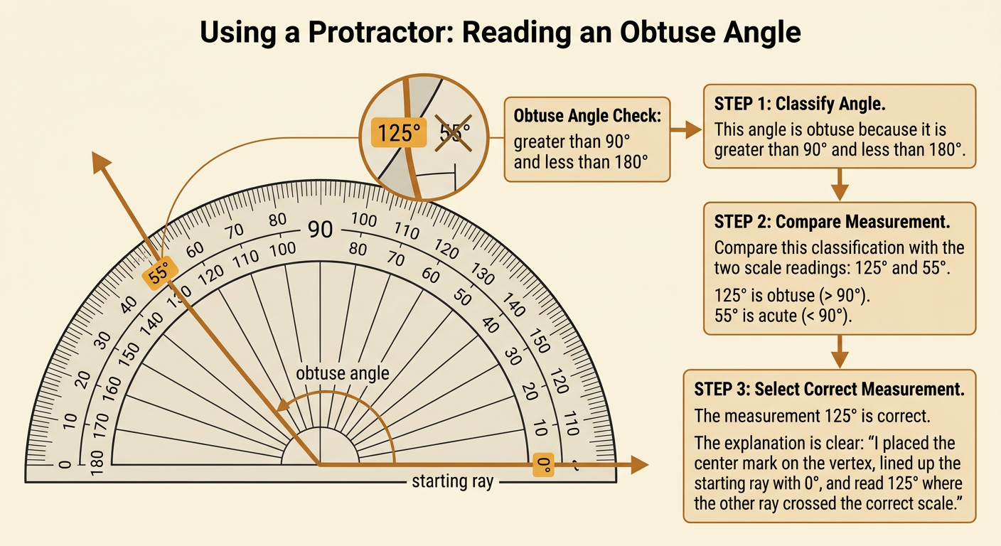 An obtuse angle on a protractor shows possible readings of 125° and 55°, with 125° matching its shape.