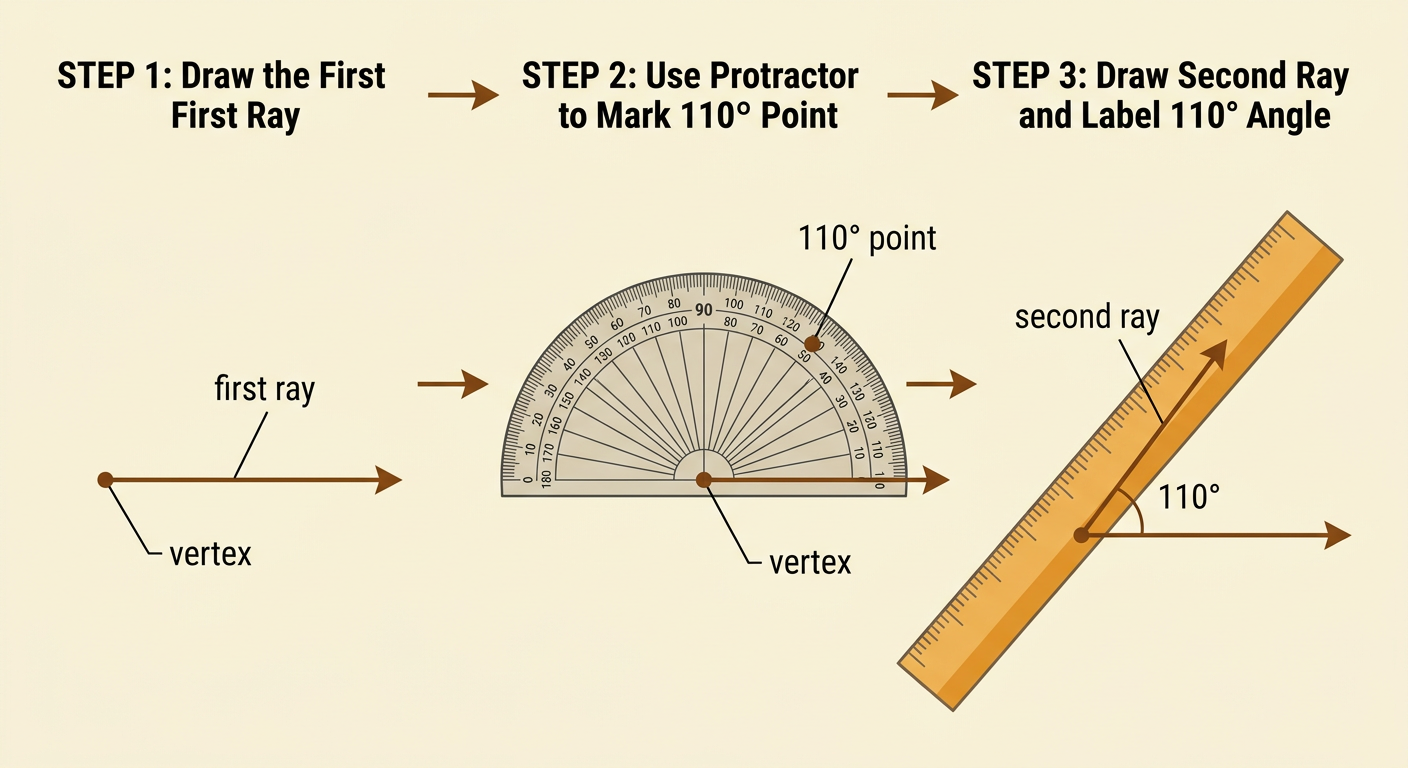 A ruler-drawn second ray passes from the vertex through a marked 110° point to form an obtuse angle.