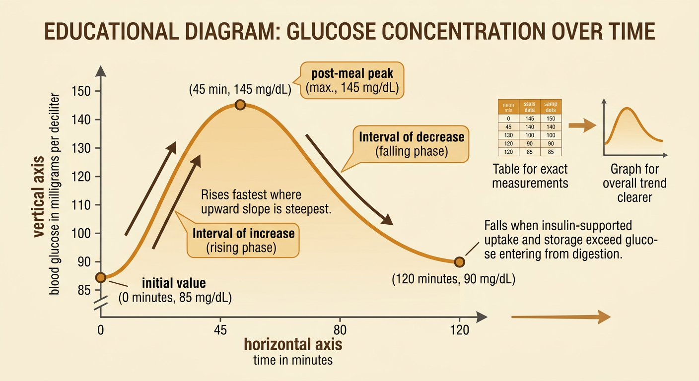 A labeled glucose-versus-time graph rises from 85 to a peak of 145 and falls to 90 by 120 minutes.